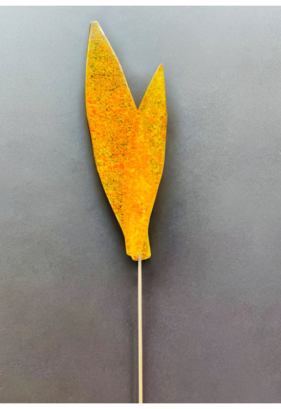 Üveg levél beltérre transzparens-narancssárga-sárga színben 43 cm -es rozsdamentes acélszáron