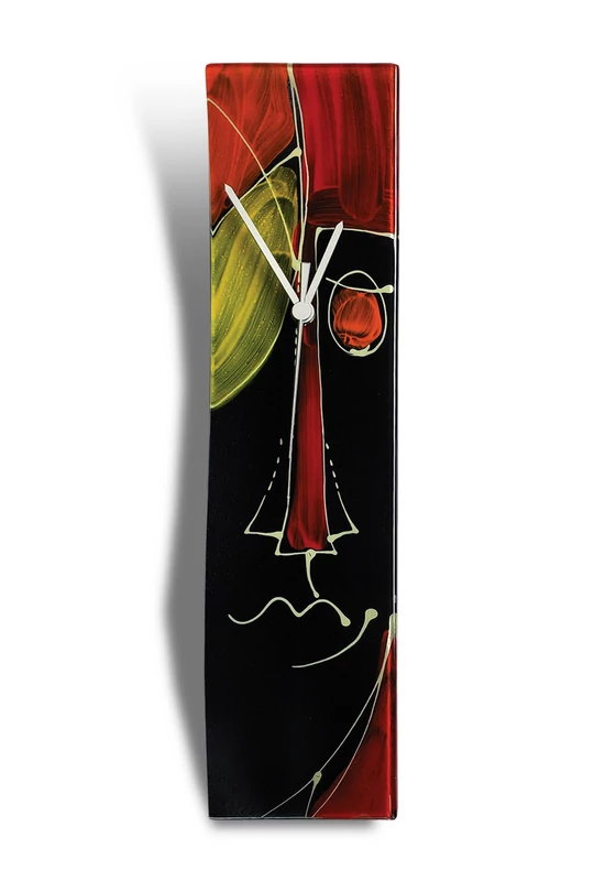 Cubist face pattern glass clock, burn-in technique. Black-orange color scheme. Size 10x41