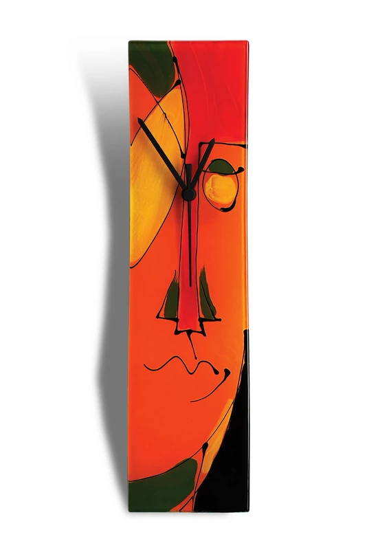 Cubist face pattern glass clock, burn-in technique. Red-orange color scheme. Size 10x41