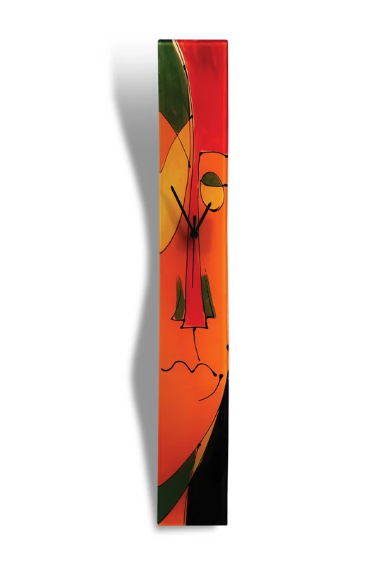 Cubist face pattern glass clock, burn-in technique. Red-orange color scheme. Size 10x70