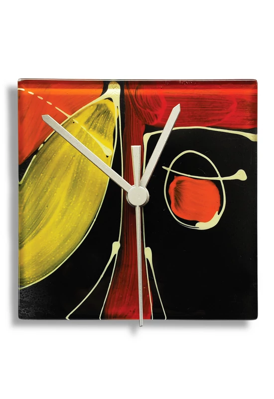 Cubist face pattern glass clock, burn-in technique. Black-orange color scheme. 13x13 size