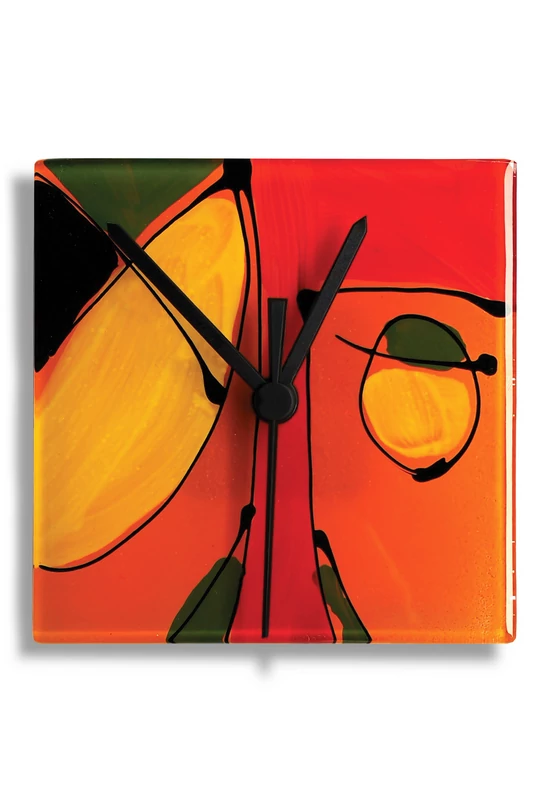 Cubist face pattern glass clock, burn-in technique. Red-orange color scheme. 13x13 size