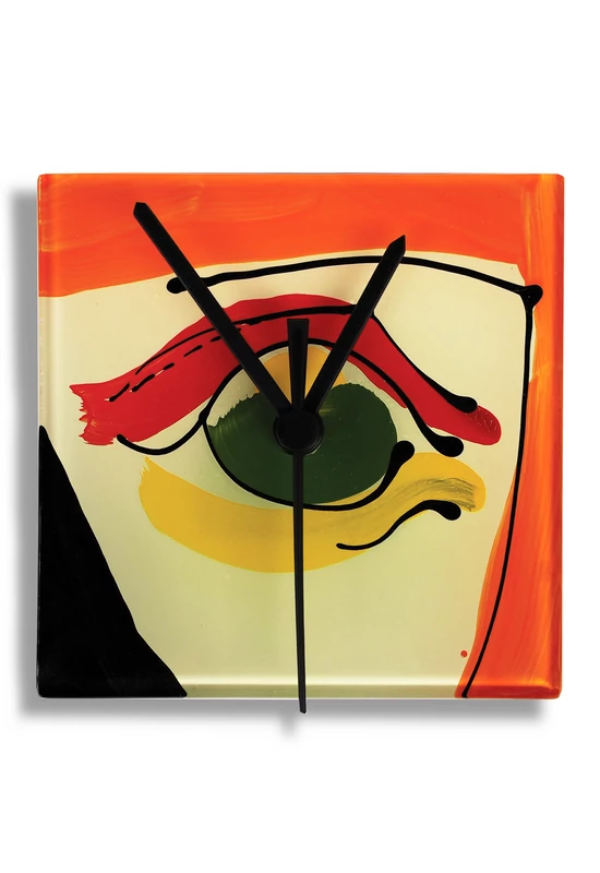 Cubist face pattern glass clock, burn-in technique. White-orange color scheme. 13x13 size