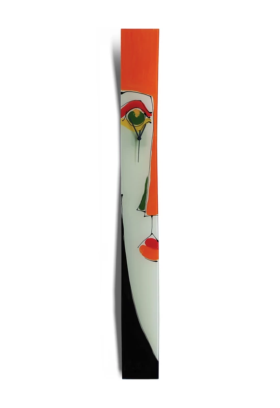 Cubist face pattern glass clock, burn-in technique. White-orange color scheme. Size 12x115