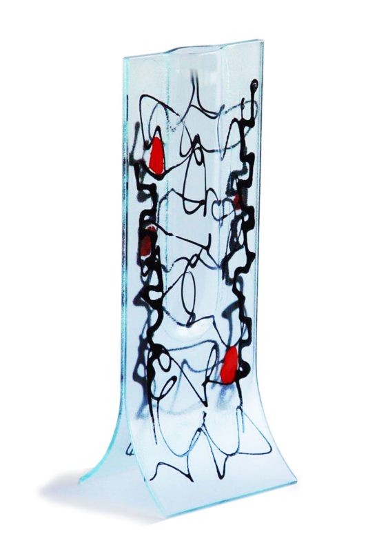 Miró transzparens-fekete-piros mintájú váza 14x36 cm-es méretben