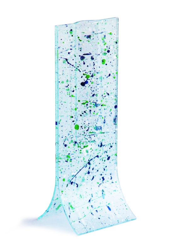 Natural transzparens-kék-zöld-fehér fröcskölt mintájú váza 14x36 cm-es méretben