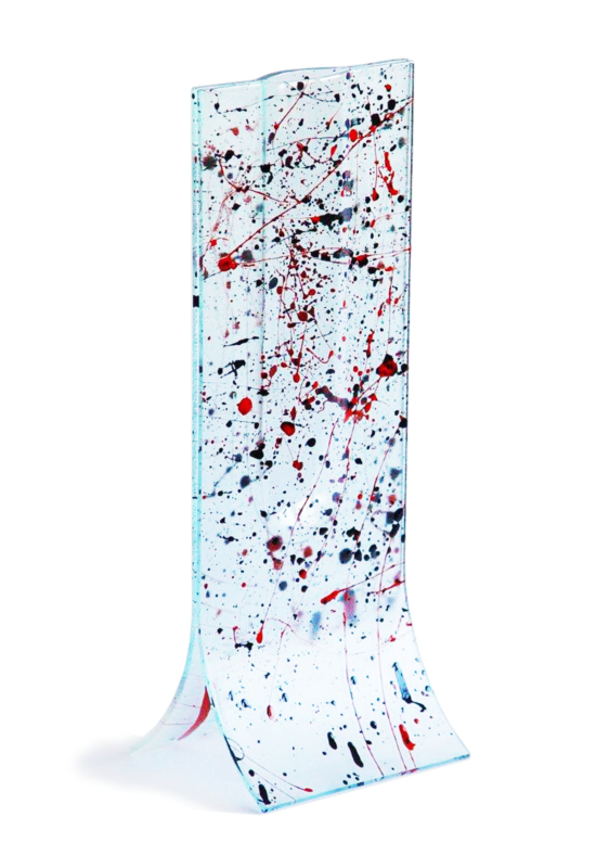 Natural transzparens-piros-fekete fröcskölt mintájú váza 14x36 cm-es méretben