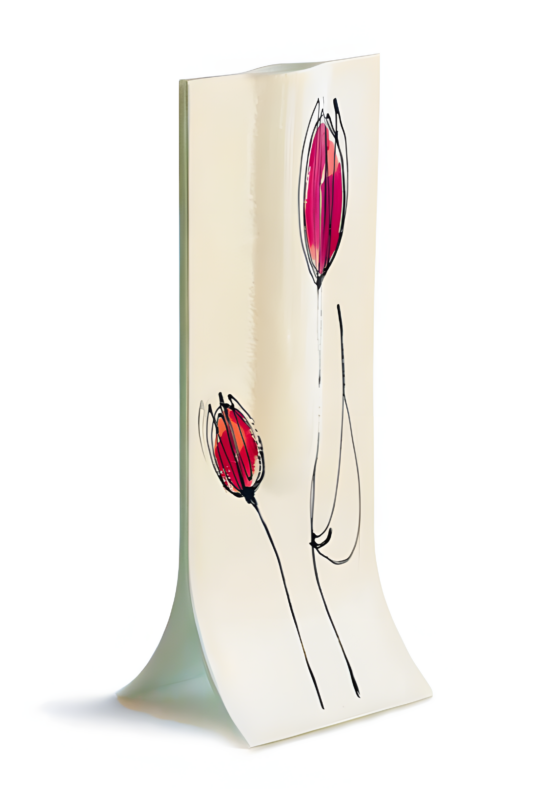 Fehér alapú fuxia-pink-tulipános váza14x36 cm-es méretben