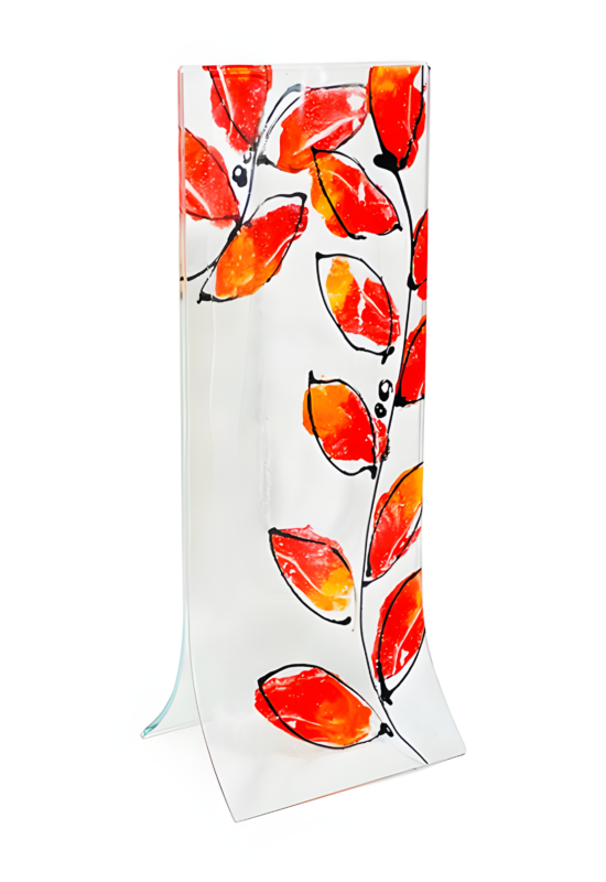Transzparens alapú piros-narancs-leveles váza14x36 cm-es méretben