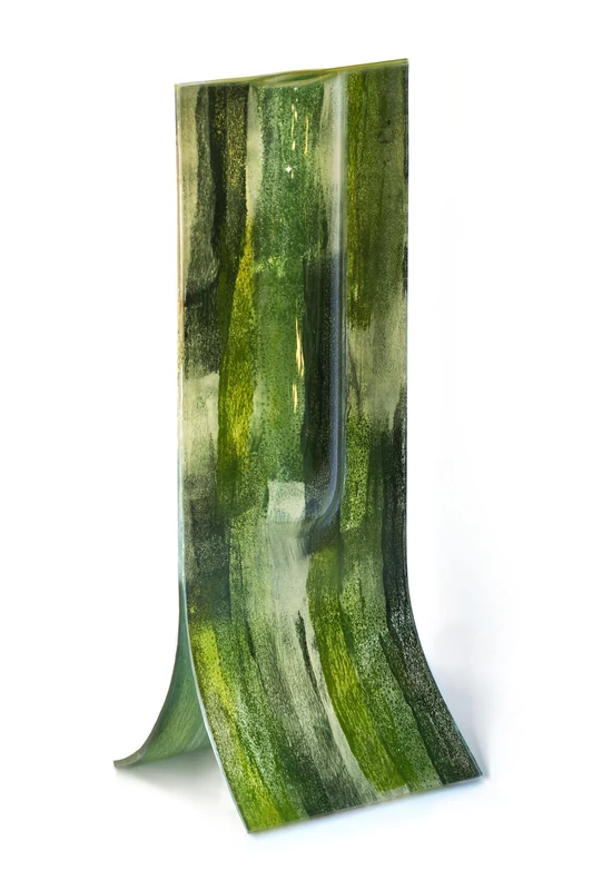 Glass vase made with burn-in technique in moss and grass green color scheme, 14x36 cm