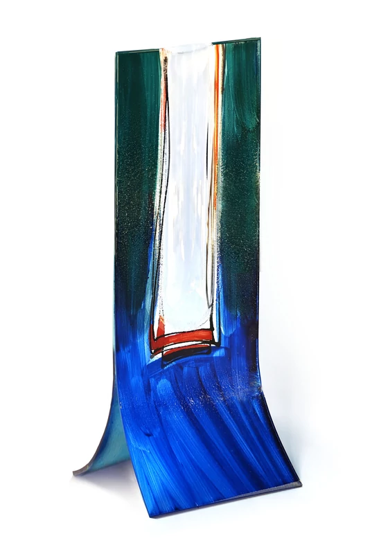 Glass vase made with burn-in technique, dark blue-red, transparent color in the axis, 14x36 cm