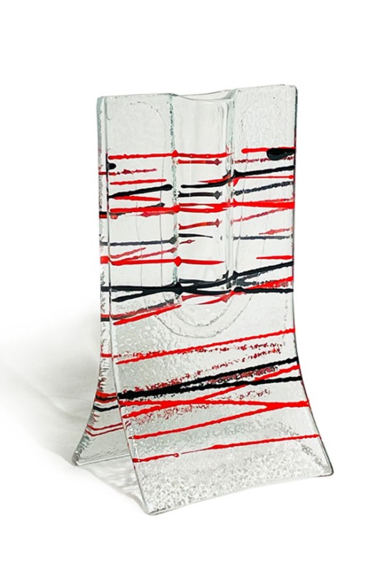 Transzparens alapú piros-fekete csíkos mintájú kis váza 8x13 cm-es méretben