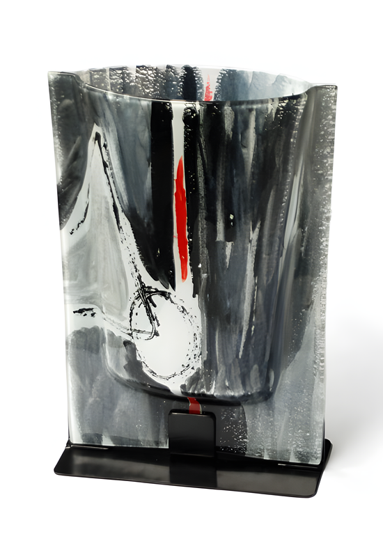 Nagy méretű szürke-piros mintájú váza 23x28 cm-es méretben